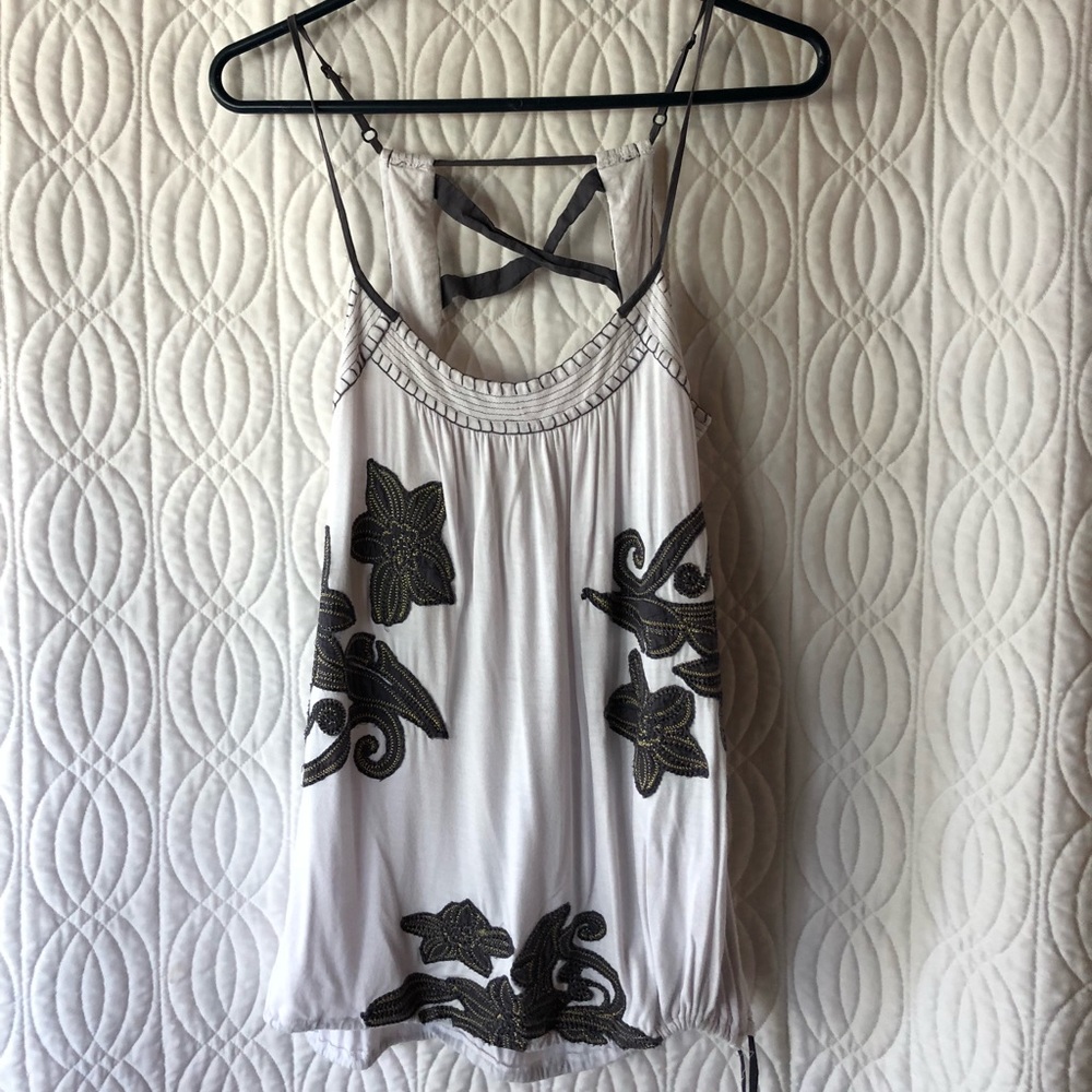 White Tank with navy floral design.
